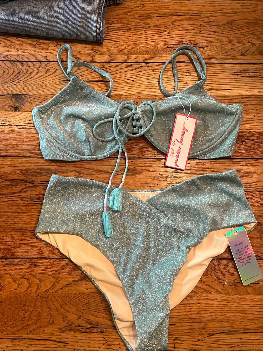 Shimmery Aqua Tie-Front Bikini Set